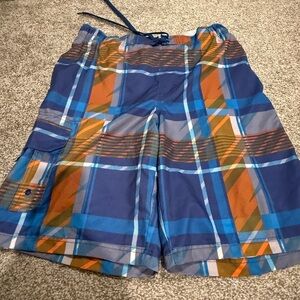 Men's Blue and Orange Plaid Shorts